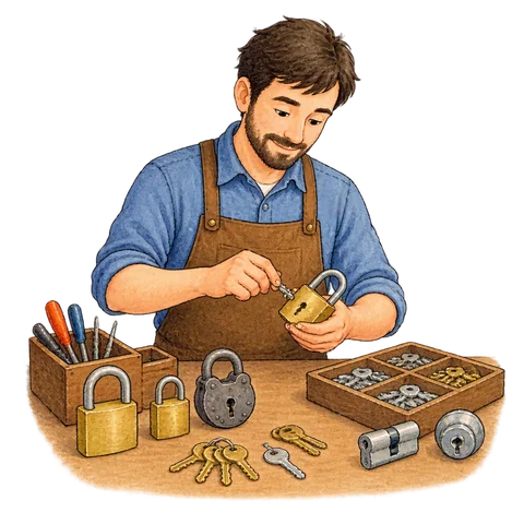 A locksmith arranging locks and keys on a counter