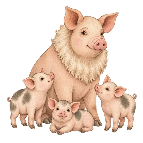 A sow with a wavy neck ruff and three small piglets