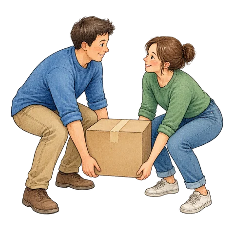 Two people helping one another lift a small box
