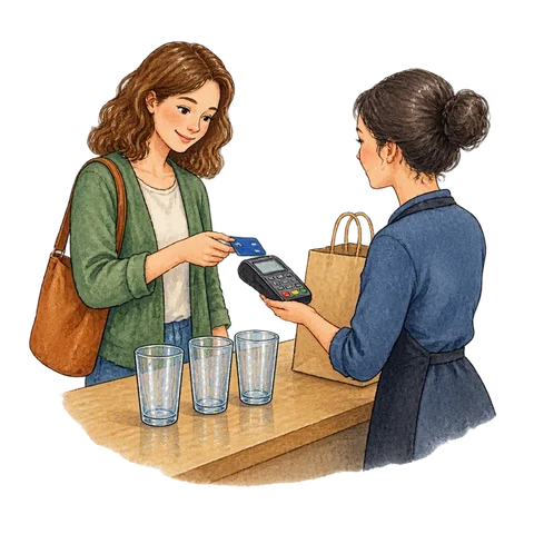 A shopper paying for three drinking glasses