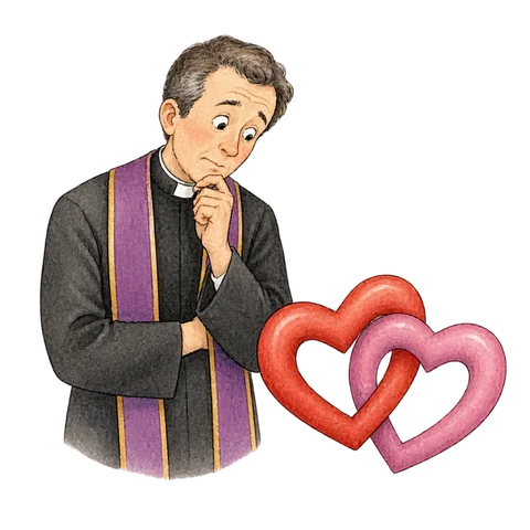 A puzzled priest looking at two hearts intertwined