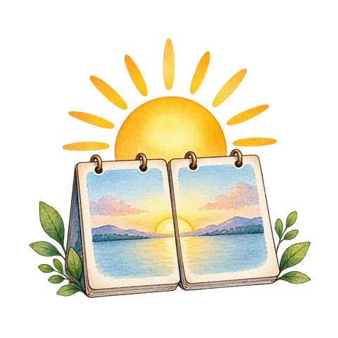 A sunrise above two pages of a calendar