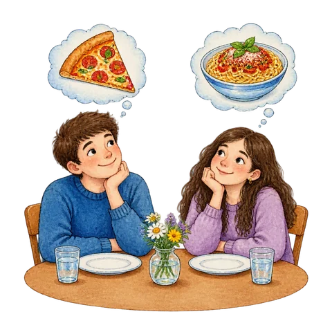 Two diners considering different favourite foods