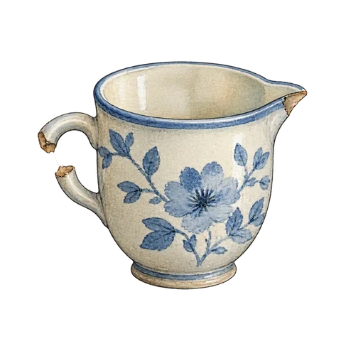 A small cup with a broken handle and a chipped spout