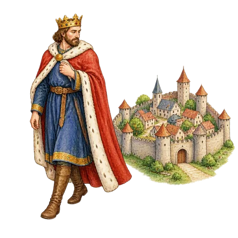 A king stepping away from a miniature walled city