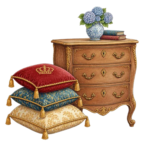 Royal cushions stacked beside an ornate chest of drawers