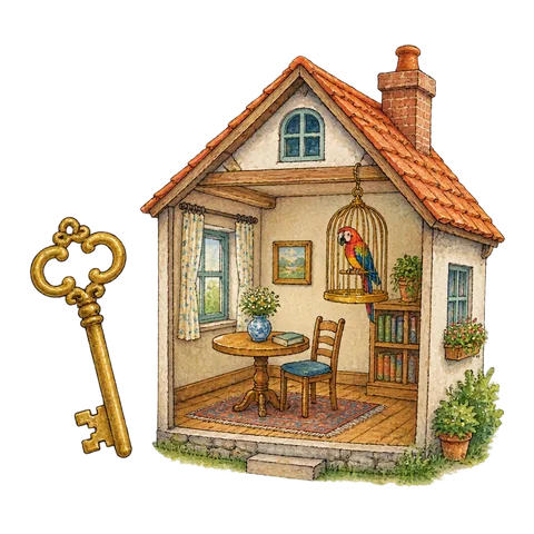 A golden key beside a cutaway house containing a room, table and parrot cage