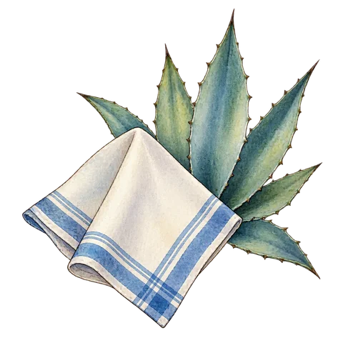 A four-cornered woven handkerchief beside agave leaves