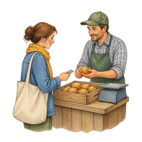 A shopper paying for a small potato