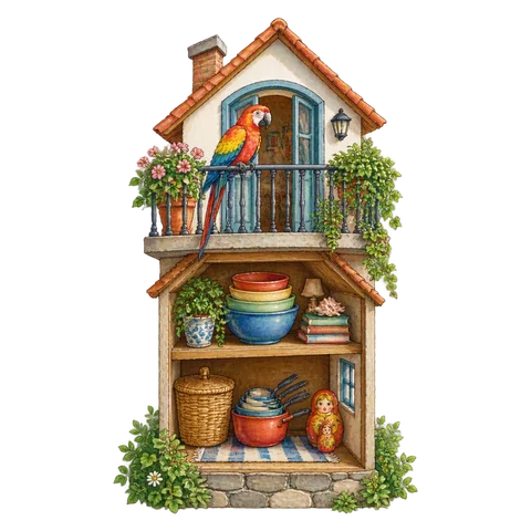 A parrot on a balcony above a house full of nested objects