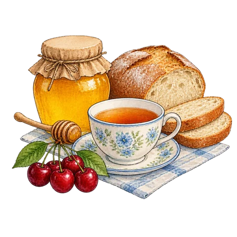 A honey jar, bread, teacup and cherries arranged as a sound-practice still life