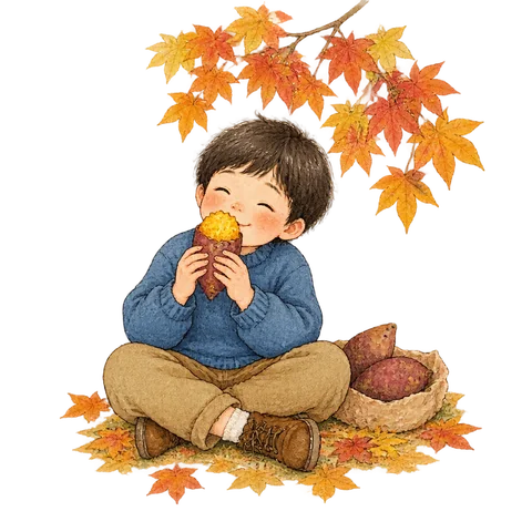 A child eating yam beneath autumn leaves