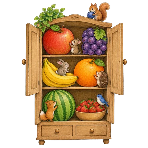 A playful cabinet full of giant fruit and tiny imaginary animals